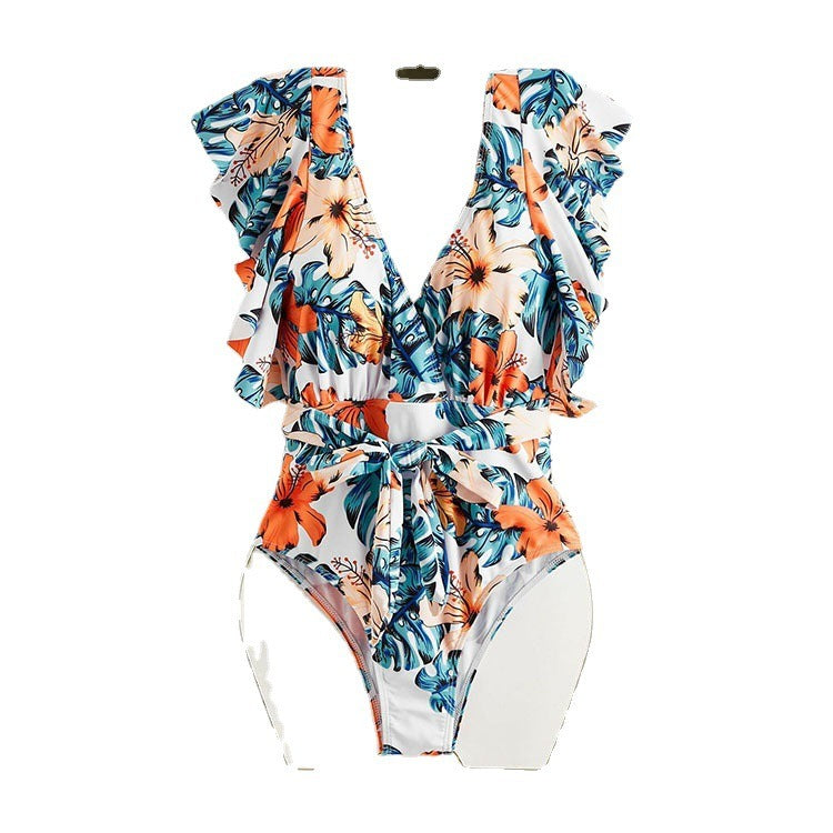 New Bikini European and American Sexy One Piece Swimwear V-neck Ruffle Print Swimwear