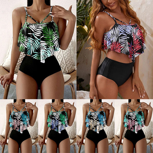 New European and American Split Swimwear Women's Printed High Waist Bikini Ruffle Edge Swimwear Bikini