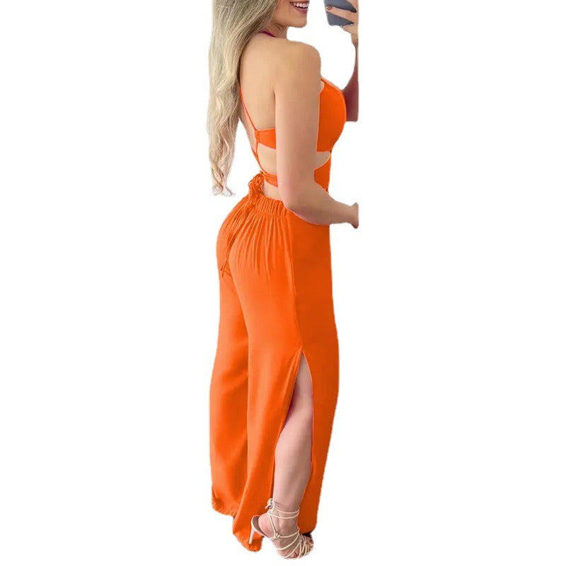 European and American Style Fashionable Summer Womens Sexy Casual Hanging Neck Hollowed Out Slim Fitting Open Back Jumpsuit