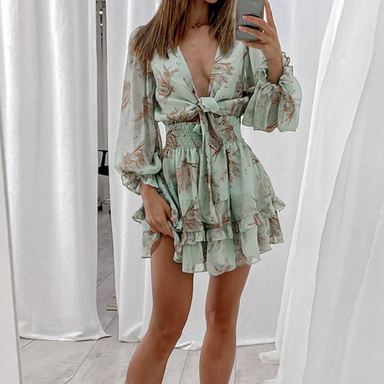 European and American Autumn New Sexy Long Sleeve Ruffled V Neck Waist Dress for Women